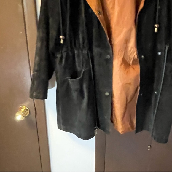VTG Genuine Leather Suede Jacket Hoodie Coat Drawstring Waist Black Snap Closure - Picture 4 of 11